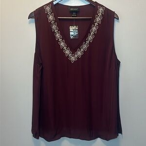 “NWT" Lane Bryant Size 18/20 100% Silk Embroidered V-neck‎ Sheer Top Burgundy